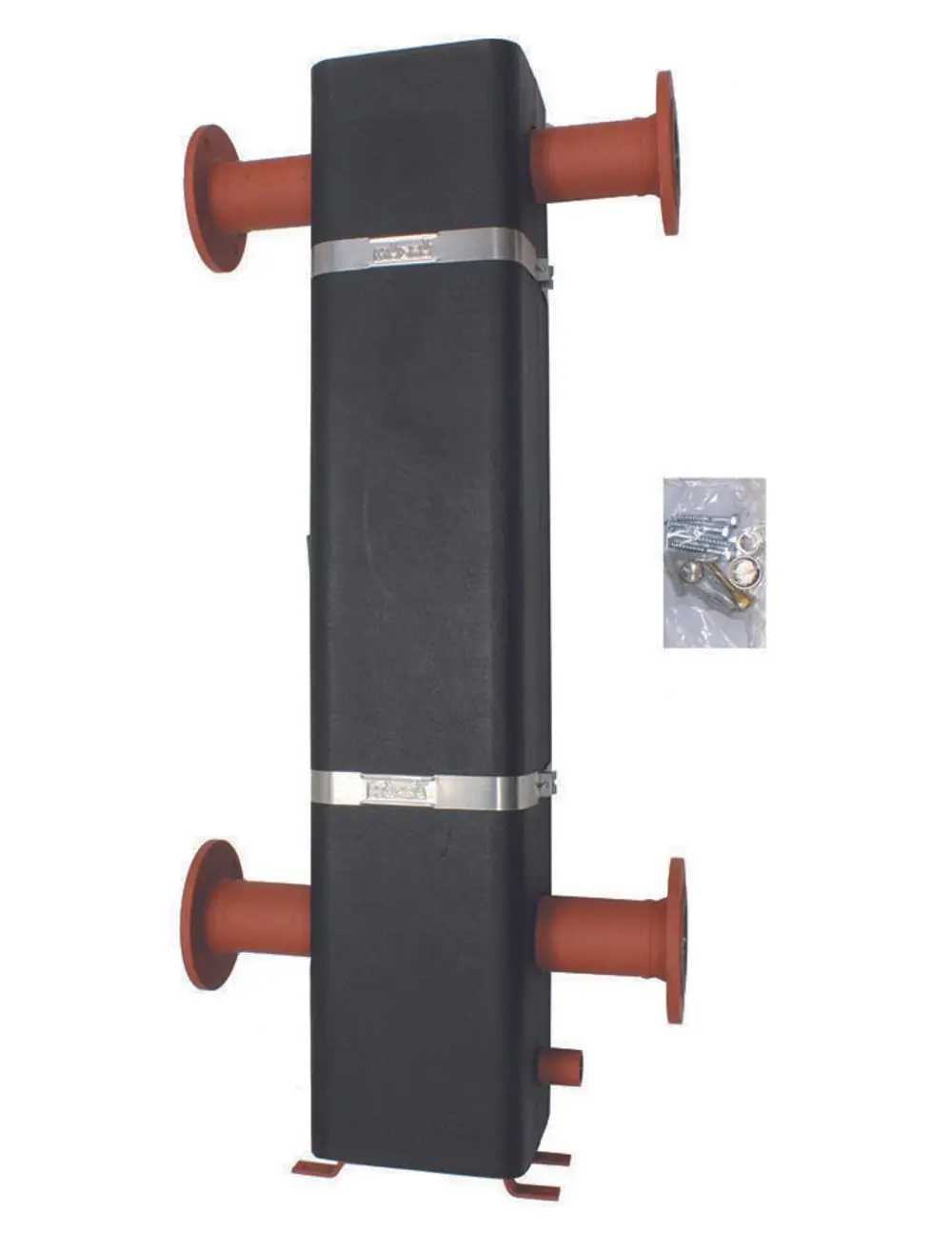 Hydraulische Weiche von Vaillant mit zwei Anschlussflanschen und einer vertikalen Konstruktion. Im Lieferumfang sind Befestigungselemente enthalten.
